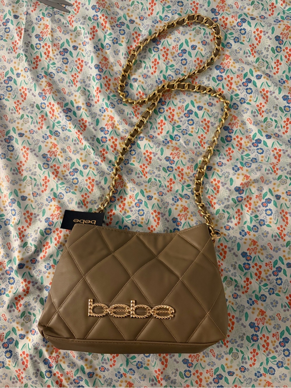 bebe Quilted Shoulder Bag in Taupe with Gold Chain